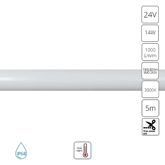 Светодиодная лента термостойкая 24V 14,4W/m 3000K 5m IP68 Arte Lamp NEON TERMO A2418013-01-3K