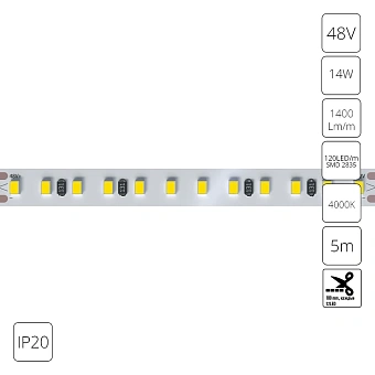 Светодиодная лента 48V 14,4W/m 4000К 5м IP20 Arte Lamp TAPE A4812010-06-4K