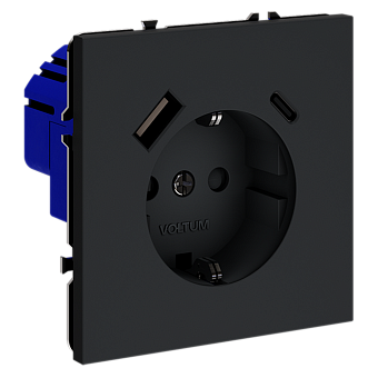 Розетка встраиваемая VOLTUM S70 с заземлением и защитными шторками, 16А, с USB, A+С, (графит)