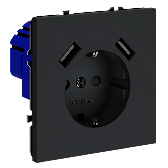 Розетка встраиваемая VOLTUM S70 с заземлением и защитными шторками, 16А, с USB, A+A, (графит)