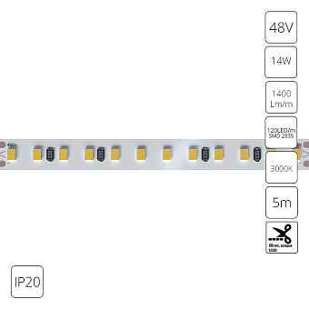 Светодиодная лента 48V 14,4W/m 3000К 5м IP20 Arte Lamp TAPE A4812010-05-3K