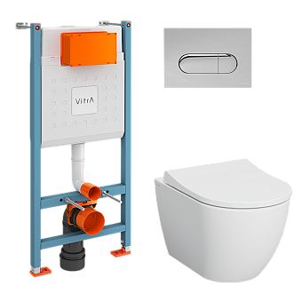 Инсталляция с унитазом VitrA Mia Round комплект 4 в 1 с сиденьем микролифт безободковый цвет клавиши глянцевый хром