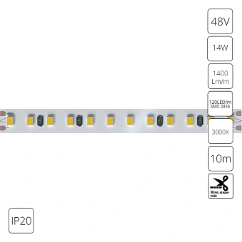Светодиодная лента 48V 14,4W/m 3000К 10м IP20 Arte Lamp TAPE A4812010-07-3K