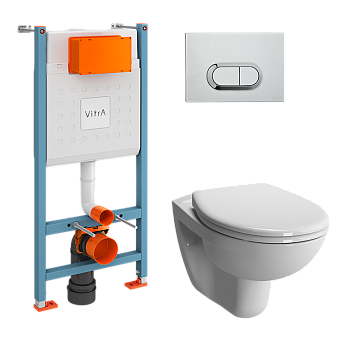 Инсталляция с унитазом VitrA S10 комплект 4 в 1 с сиденьем микролифт безободковый цвет клавиши глянцевый хром